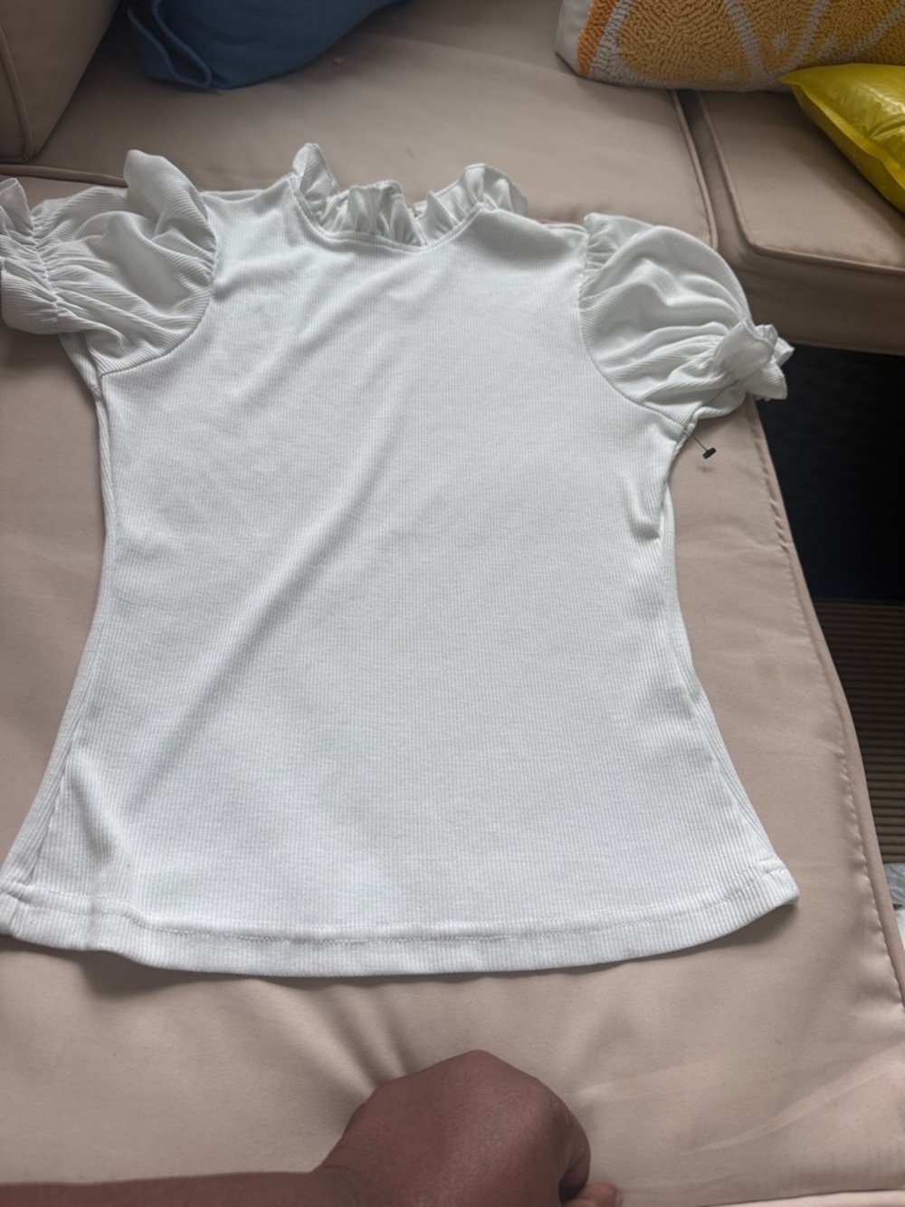 Women’s White Ruffle Neck Puff Sleeve Top